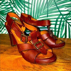CHIE MIHARA Brown Leather Buckled Heels 37.5/7.5